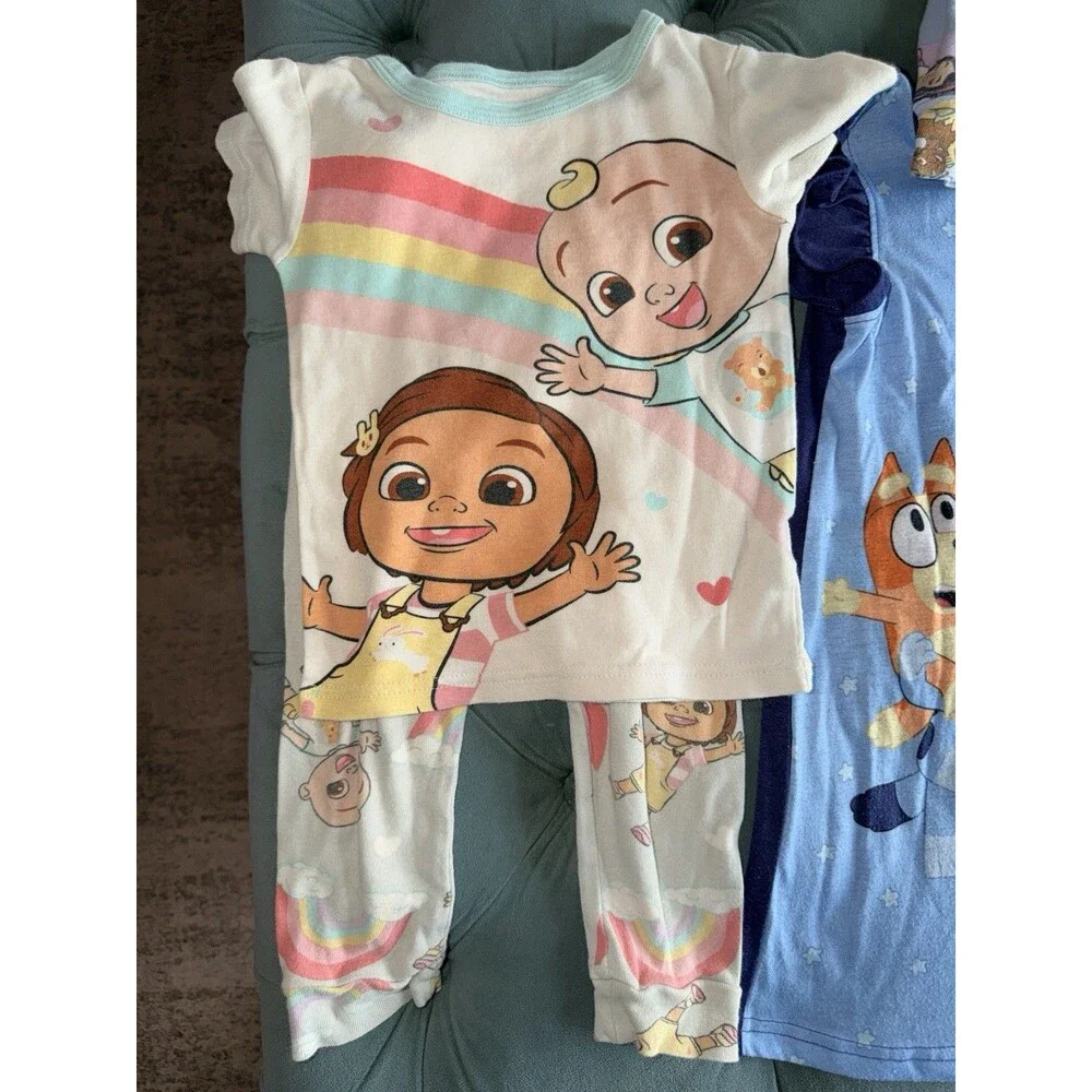 Disney Princess Bluey Dora Coco Melon Pajama Bundle Sets Gown Shorts 5 Pc Sz 4t